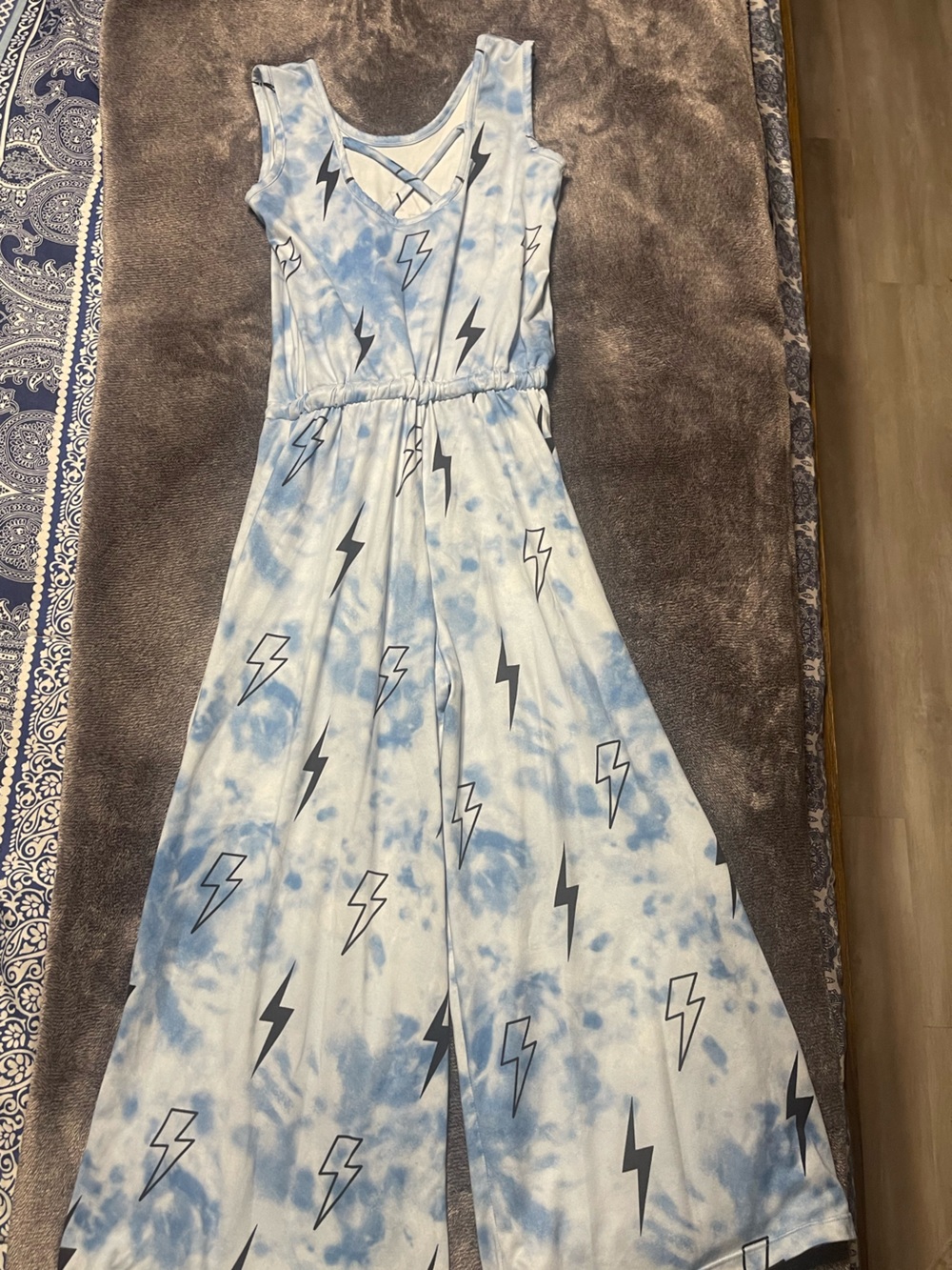 Kids Light Blue Tie-Dye Lightning wide leg Romper Jumpsuit - Picture 3 of 5
